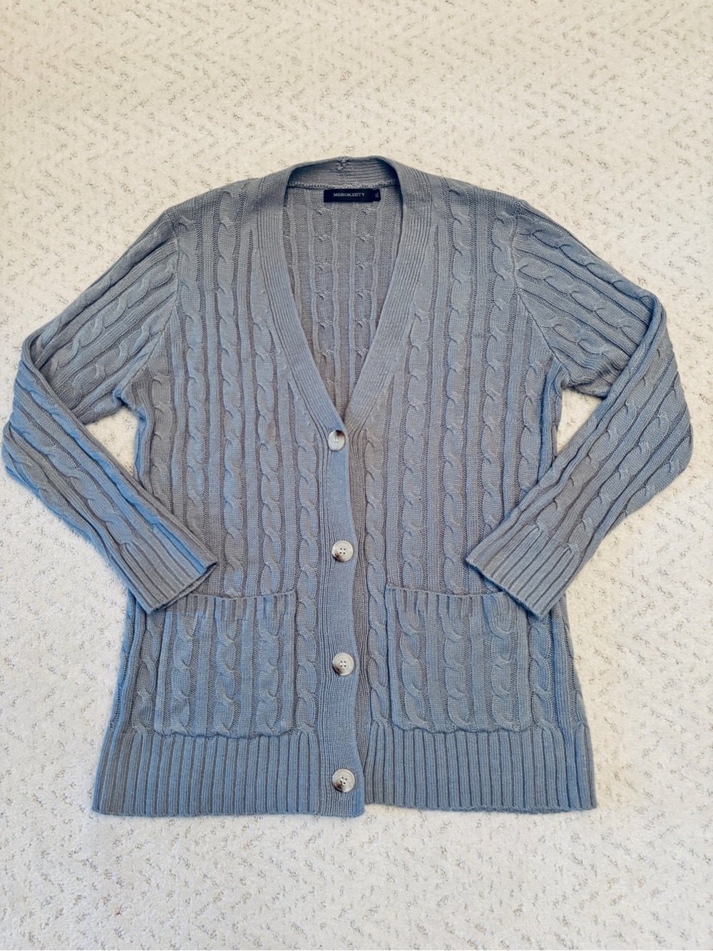 Cable Knit Cardigan Sweater Size XL Grey Button Up Pockets Tunic Academia Office